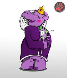 Size: 2200x2564 | Tagged: safe, artist:darkprinceismyname, imported from derpibooru, queen of the hippos, spike, dragon, hippopotamus, my little pony: the movie, crown, dialogue, eyelashes, eyes closed, female, floating heart, green eyes, hape, heart, help, hug, jewelry, male, open mouth, open smile, personal space invasion, regalia, ruff (clothing), simple background, size difference, smiling, suffocating, white background