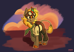 Size: 1523x1080 | Tagged: safe, artist:triplesevens, imported from derpibooru, oc, oc only, oc:electra pleiades, kirin, clothes, cloven hooves, smiling, solo, sunset, uniform