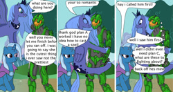 Size: 900x480 | Tagged: safe, artist:thet7770ify, imported from derpibooru, princess luna, trixie, alicorn, pony, unicorn, comic:master chief and luna hanging out, armor, artifact, cape, clothes, crossover, dialogue, female, halo (series), it came from deviantart, jewelry, male, mare, master chief, misspelling, misspelling of you're, outdoors, peytral, s1 luna, sitting, speech bubble, tiara, trixie's cape, wat