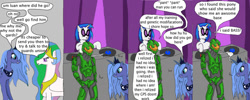 Size: 900x360 | Tagged: safe, artist:thet7770ify, imported from derpibooru, dj pon-3, princess celestia, princess luna, vinyl scratch, alicorn, pony, unicorn, comic:master chief and luna hanging out, armor, artifact, crossover, dialogue, female, halo (series), it came from deviantart, jewelry, male, mare, master chief, misspelling, s1 luna, shocked, speech bubble, text, tiara, wat