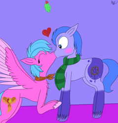 Size: 2558x2674 | Tagged: safe, imported from derpibooru, firefly, oc, oc:baneberry nettle, earth pony, pegasus, pony, spoiler:g5, blushing, clothes, couples, duo, female, g1, g1 to g5, g5, generation leap, heart, holly, holly mistaken for mistletoe, kiss on the lips, kissing, male, nose wrinkle, scarf, shipping, skinny, slim, straight, striped scarf, thin