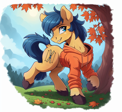 Size: 1024x946 | Tagged: safe, editor:paracompact, imported from derpibooru, oc, oc only, earth pony, pony, ai assisted, ai content, autumn, chest fluff, clothes, generator:purplesmart.ai, generator:stable diffusion, hoodie, leaves, looking offscreen, mountain, mountain range, palindrome get, random pony, rear view, scenery, solo, tree, unshorn fetlocks