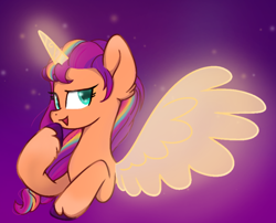 Size: 956x774 | Tagged: artist needed, source needed, safe, imported from derpibooru, sunny starscout, alicorn, pony, artificial horn, artificial wings, augmented, female, g5, hoof on chin, long mane, mare, race swap, solo, sunnycorn, thinking, wings