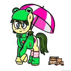 Size: 2048x2048 | Tagged: safe, artist:super-dead, imported from derpibooru, earth pony, frog, pony, blushing, boots, clothes, female, frog costume, minecraft, ponified, rana, shoes, simple background, socks, solo, striped socks, umbrella, white background
