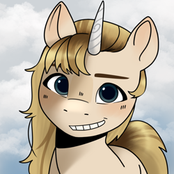 Size: 2048x2048 | Tagged: safe, artist:daisy_marshmallow, imported from derpibooru, oc, oc only, unicorn, horn, looking at you, profile picture, sky background, smiling, smiling at you, solo, unicorn oc