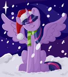 Size: 1196x1368 | Tagged: safe, artist:lindasaurie, imported from derpibooru, twilight sparkle, alicorn, pony, christmas, clothes, eye clipping through hair, eyes closed, female, hat, head tilt, holiday, lineless, mare, night, night sky, santa hat, scarf, sitting, sky, smiling, snow, snowfall, solo, spread wings, starry sky, striped scarf, twilight sparkle (alicorn), wings