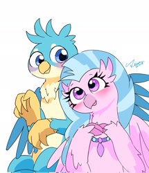 Size: 1760x2048 | Tagged: safe, artist:leo19969525, imported from derpibooru, gallus, silverstream, griffon, hippogriff, blushing, cute, diastreamies, duo, female, g4, gallabetes, gallstream, male, shipping, simple background, straight, white background