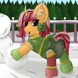 Size: 3000x3000 | Tagged: safe, artist:spiroudada, imported from derpibooru, oc, oc only, oc:dolly hooves, pony, adult foal, bow, christmas, clothes, cute, diaper, diaper fetish, dress, fence, fetish, holiday, mittens, non-baby in diaper, playing, ribbon, smiling, snowman, solo, tree, winter, ych example, your character here