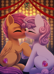 Size: 2923x4000 | Tagged: safe, artist:dinoalpaka, imported from derpibooru, scootaloo, sweetie belle, pegasus, pony, unicorn, blushing, christmas, cute, cutealoo, diasweetes, eyes closed, female, filly, foal, high res, holiday, kiss on the lips, kissing, lesbian, mistletoe, patreon, patreon reward, scootabelle, shipping