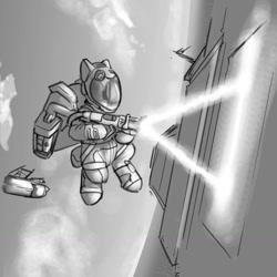 Size: 1280x1280 | Tagged: safe, artist:captainhoers, imported from derpibooru, oc, oc only, earth pony, pony, grayscale, monochrome, solo, space, spacesuit, weapon