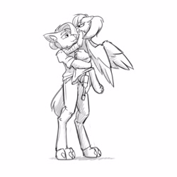 Size: 3000x3000 | Tagged: safe, artist:captainhoers, imported from derpibooru, oc, oc only, oc:aiah, oc:dewey, anthro, digitigrade anthro, griffon, amputee, duo, duo male, gay, grayscale, griffon oc, looking at each other, looking at someone, looking into each others eyes, male, monochrome, oc x oc, shipping, simple background, white background