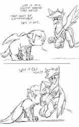 Size: 2500x4000 | Tagged: safe, artist:captainhoers, imported from derpibooru, oc, oc only, griffon, parasprite, 2 panel comic, comic, dialogue, duo, grayscale, griffon oc, monochrome, open mouth, simple background, white background