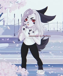 Size: 3000x3571 | Tagged: safe, artist:marlboro-art, imported from derpibooru, oc, anthro, bridge, cherry blossoms, clothes, commission, female, flower, flower blossom, furry, non-pony oc, river, solo, tongue out, tree, water