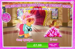 Size: 1966x1297 | Tagged: safe, imported from derpibooru, butterscotch sweets, earth pony, pony, advertisement, background character, background pony, camera, clothes, costs real money, english, female, gameloft, gem, glasses, mare, my little pony: magic princess, numbers, official, pants, sale, shirt, solo, solo focus, text