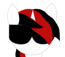 Size: 2572x2262 | Tagged: safe, artist:ghostpikachu, imported from derpibooru, oc, oc only, oc:blackjack, pony, unicorn, fallout equestria, fallout equestria: project horizons, bust, emblem editor, fanfic art, female, horn, portrait, simple background, small horn, solo, sunglasses, transparent background