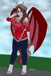 Size: 2800x4200 | Tagged: safe, artist:tertonda, imported from derpibooru, oc, oc only, oc:scarlet quill, anthro, bat pony, unguligrade anthro, anthro oc, bat pony oc, christmas, clothes, commission, denim, digital art, fangs, female, freckles, glasses, hearth's warming, hearth's warming eve, holiday, jeans, mare, pants, shirt, slit pupils, smiling, solo, standing