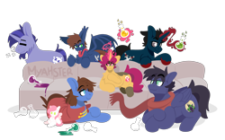 Size: 4800x3000 | Tagged: safe, artist:myahster, imported from derpibooru, oc, oc only, oc:bizarre song, oc:fenris ebonyglow, oc:mystery brew, oc:slashing prices, oc:snoozy stroll, oc:sugar morning, oc:warly, bat pony, pegasus, pony, unicorn, bat pony oc, bat wings, bottle, cape, chest fluff, clothes, colored hooves, couch, doll, eyebrows, eyebrows visible through hair, eyes closed, facial hair, high res, horn, lidded eyes, long tongue, magic, magic aura, pegasus oc, plushie, potion, scarf, signature, simple background, sitting, sleeping, sleepwalking, smiling, tongue out, toy, transparent background, unicorn oc, watermark, wingding eyes, wings