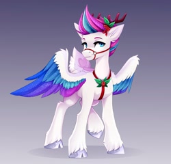 Size: 3071x2953 | Tagged: safe, artist:buvanybu, imported from derpibooru, zipp storm, deer, deer pony, original species, pegasus, peryton, reindeer, aside glance, bridle, cloven hooves, deerified, elbow fluff, female, g5, gradient background, high res, looking at you, raised leg, reindeerified, solo, species swap, spread wings, standing, tack, turned head, unshorn fetlocks, wings