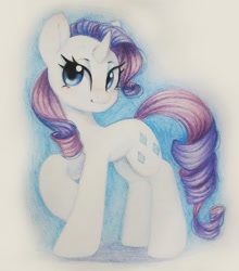 Size: 920x1046 | Tagged: safe, artist:melodylibris, imported from derpibooru, rarity, pony, unicorn, colored pencil drawing, curved horn, female, horn, looking at you, mare, raised hoof, solo, standing, traditional art, turned head