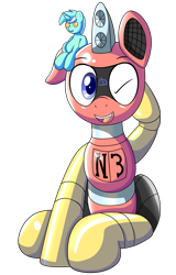 Size: 1283x2000 | Tagged: safe, artist:trackheadtherobopony, imported from derpibooru, lyra heartstrings, oc, oc:trackhead, pony, robot, robot pony, derpibooru community collaboration, 2023 community collab, looking at you, plushie, simple background, sitting, transparent background