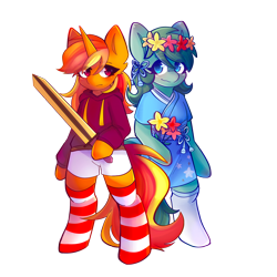Size: 2000x2000 | Tagged: safe, artist:strawberryc208, editor:ricky_mckim, imported from derpibooru, oc, oc only, oc:ricky, oc:toto, pony, derpibooru community collaboration, 2023 community collab, bipedal, clothes, couple, female, lesbian, simple background, socks, standing, striped socks, sword, transparent background, weapon