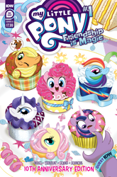 Size: 2063x3131 | Tagged: safe, idw, imported from derpibooru, applejack, fluttershy, pinkie pie, rainbow dash, rarity, spike, twilight sparkle, winona, dog, dragon, earth pony, pegasus, unicorn, anniversary, comic cover, cupcake, cupcakeified, food, male, mane seven, mane six, official, official comic, offscreen character, offscreen male, plate, ribbon, sandwich, shocked, sun, this will end in death