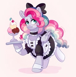 Size: 1266x1284 | Tagged: safe, artist:skysorbett, imported from derpibooru, oc, oc only, oc:sky sorbet, pegasus, pony, bow, clothes, dress, female, food, hair bow, ice cream, maid, mare, multicolored hair, pegasus oc, smiling, solo, standing on two hooves