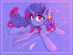 Size: 4000x3000 | Tagged: safe, artist:stravy_vox, imported from derpibooru, oc, oc only, oc:star flower, alicorn, abstract background, alicorn oc, female, horn, looking at you, mare, smiling, stars, wings
