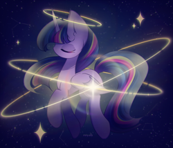 Size: 2100x1800 | Tagged: safe, artist:miryelis, imported from derpibooru, twilight sparkle, alicorn, pony, big ears, eyes closed, flying, full body, impossibly large ears, long hair, orbit, solo, space, stars, twilight sparkle (alicorn), wings