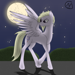 Size: 3200x3200 | Tagged: safe, artist:maître cervidé, imported from derpibooru, oc, oc only, oc:radiant light, pegasus, concave belly, female, moon, night, shadow, slim, solo, stars, thin, turned head