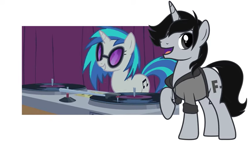 Size: 1366x768 | Tagged: safe, artist:tiredhorsestudios, edit, imported from derpibooru, screencap, dj pon-3, vinyl scratch, oc, oc:eff i am, pony, unicorn, curtains, female, glasses, looking at you, male, raised hoof, record player, solo focus, vinyl's glasses, youtube, youtube link