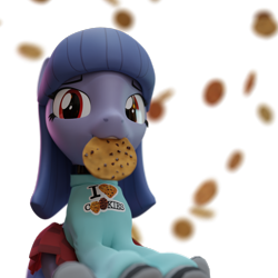 Size: 3240x3240 | Tagged: safe, artist:the luna fan, derpibooru exclusive, imported from derpibooru, oc, oc only, oc:cosmia nebula, 3d, choker, clothes, cookie, food, looking at you, mouth hold, simple background, sitting, skirt, socks, striped socks, sweater, transparent background