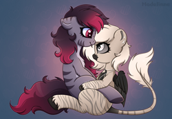 Size: 2500x1731 | Tagged: safe, artist:madelinne, imported from derpibooru, oc, oc only, oc:devilvoice, oc:madelinne, bat pony, earth pony, pony, duo, duo female, female, hug, leonine tail, mare, tail