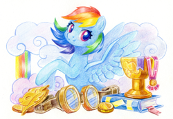 Size: 1448x1000 | Tagged: safe, artist:maytee, imported from derpibooru, part of a set, rainbow dash, pegasus, pony, book, cute, dashabetes, goggles, rainbow, simple background, solo, traditional art, trophy, white background