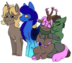 Size: 2720x2384 | Tagged: safe, artist:brainiac, imported from derpibooru, oc, oc only, changeling, earth pony, kirin, derpibooru community collaboration, 2023 community collab, cloven hooves, female, male, mare, simple background, stallion, transparent background