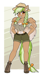 Size: 1832x3128 | Tagged: safe, artist:dandy, imported from derpibooru, oc, oc only, oc:sylvia evergreen, anthro, pegasus, unguligrade anthro, belly button, belt, belt buckle, boots, braid, braided pigtails, chest fluff, clothes, ear fluff, eye clipping through hair, female, freckles, hair tie, hat, looking at you, midriff, pegasus oc, pigtails, ranger, shoes, short shirt, shorts, smiling, solo, uniform, wings