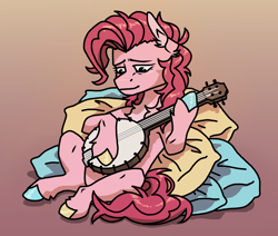 Size: 3300x2800 | Tagged: safe, artist:mookaoo, imported from derpibooru, pinkie pie, earth pony, pony, friendship is witchcraft, banjo, bard, bard pie, colored hooves, fantasy class, female, gypsy bard, gypsy pie, mare, musical instrument, pillow, solo