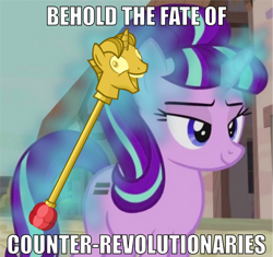 Size: 1024x963 | Tagged: safe, artist:charelzzz, edit, edited screencap, imported from derpibooru, screencap, party favor, starlight glimmer, pony, the cutie map, caption, crossing the memes, equal cutie mark, exploitable meme, female, i didn't listen, image macro, inanimate tf, levitation, magic, mare, meme, scepter, telekinesis, text, transformation, twilight scepter