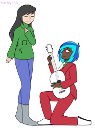 Size: 2131x2862 | Tagged: safe, artist:hayley566, artist:icicle-wicicle-1517, color edit, edit, imported from derpibooru, dj pon-3, octavia melody, vinyl scratch, human, acoustic guitar, boots, christmas, clothes, coat, collaboration, colored, cute, dark skin, denim, duo, female, guitar, holiday, humanized, jeans, kneeling, lesbian, music notes, musical instrument, necktie, pants, scratchtavia, shipping, shirt, shoes, simple background, suit, sweater, tavibetes, transparent background, vest, vinylbetes