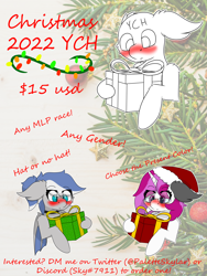 Size: 6000x8000 | Tagged: safe, artist:skylarpalette, imported from derpibooru, oc, oc only, oc:evening rain, oc:skylar palette, bat pony, earth pony, hippogriff, pegasus, pony, unicorn, any gender, any race, any species, bat pony oc, bat wings, blushing, christmas, cute, female, fluffy, hat, holiday, horn, male, mare, present, santa hat, stallion, unicorn oc, wings, ych example, ych sketch, your character here