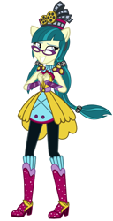 Size: 640x1248 | Tagged: safe, artist:ajosterio, imported from derpibooru, juniper montage, human, equestria girls, legend of everfree, alternate universe, boots, clothes swap, crystal guardian, glasses, high heel boots, ponied up, shoes, simple background, solo, transparent background