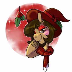 Size: 4096x4096 | Tagged: safe, artist:roseanon4, imported from derpibooru, oc, oc only, oc:hazelnut brew, bedroom eyes, christmas, clothes, hat, holiday, holly, holly mistaken for mistletoe, looking at you, santa hat, scarf, simple background, solo, white background, witch, witch hat