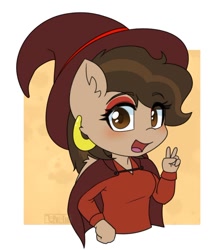 Size: 832x961 | Tagged: safe, artist:puetsua, imported from derpibooru, oc, oc only, oc:hazelnut brew, anthro, pegasus, ear piercing, earring, happy, jewelry, looking at you, peace sign, piercing