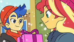 Size: 1920x1080 | Tagged: safe, artist:studiodraw, imported from derpibooru, flash sentry, sunset shimmer, human, equestria girls, equestria girls series, holidays unwrapped, spoiler:eqg series (season 2), female, flashimmer, male, present, shipping, snow, snowfall, straight