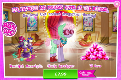 Size: 1959x1297 | Tagged: safe, imported from derpibooru, pacifica, pegasus, pony, advertisement, background character, background pony, brush, clothes, costs real money, english, female, folded wings, gameloft, gem, glasses, jewelry, mannequin, mare, my little pony: magic princess, necklace, numbers, official, pants, sale, scissors, shirt, shoes, solo, solo focus, text, wig, wings