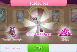 Size: 1262x855 | Tagged: safe, imported from derpibooru, pacifica, pegasus, pony, background character, background pony, brush, bundle, clothes, costs real money, english, female, folded wings, gameloft, gem, glasses, jewelry, mannequin, mare, my little pony: magic princess, necklace, numbers, official, pants, sale, scissors, shirt, shoes, solo, solo focus, text, wig, wings