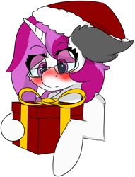 Size: 4406x5767 | Tagged: safe, artist:skylarpalette, imported from derpibooru, oc, oc only, oc:skylar palette, pony, unicorn, blushing, christmas, cute, ears back, female, fluffy, glasses, hat, holiday, horn, long mane, looking down, mare, present, santa hat, simple background, simple shading, solo, surprised, transparent background, unicorn oc