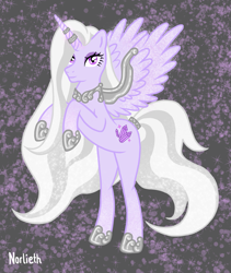 Size: 1525x1806 | Tagged: safe, artist:norlieth, imported from derpibooru, oc, oc only, alicorn, pony, alicorn oc, armor, crystal, eyelashes, female, full body, horn, jewelry, long hair, long tail, magic, necklace, rearing, simple background, solo, spread wings, tail, wings