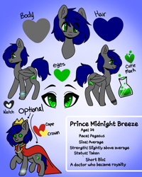 Size: 2000x2500 | Tagged: safe, artist:dubby doodles, imported from derpibooru, oc, oc:mb midnight breeze, pegasus, pony, accessory, blue mane, cape, clothes, commission, crown, cute, gray coat, green eyes, heart, jewelry, reference sheet, regalia, simple background, watch, wristwatch