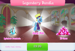 Size: 1267x856 | Tagged: safe, imported from derpibooru, jack pot, pony, unicorn, bowtie, bundle, clothes, costs real money, english, fountain, gameloft, gem, hat, horn, male, my little pony: magic princess, numbers, official, sale, solo, solo focus, stallion, statue, text, top hat